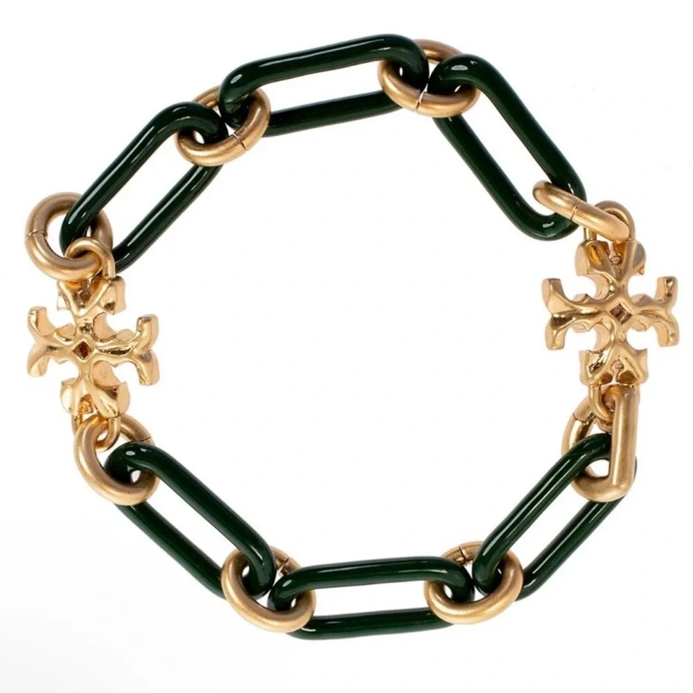 NWT Tory Burch Roxanne Chain Bracelet in Equestrian Green / Gold $228